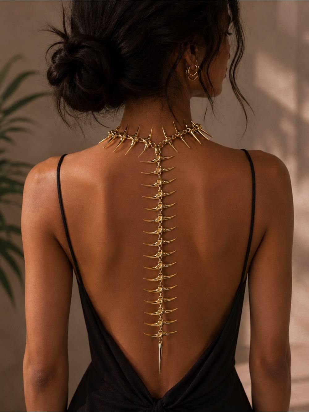 Black Backless Slip Dress with Gold Spine Chain - Picture 3 of 8